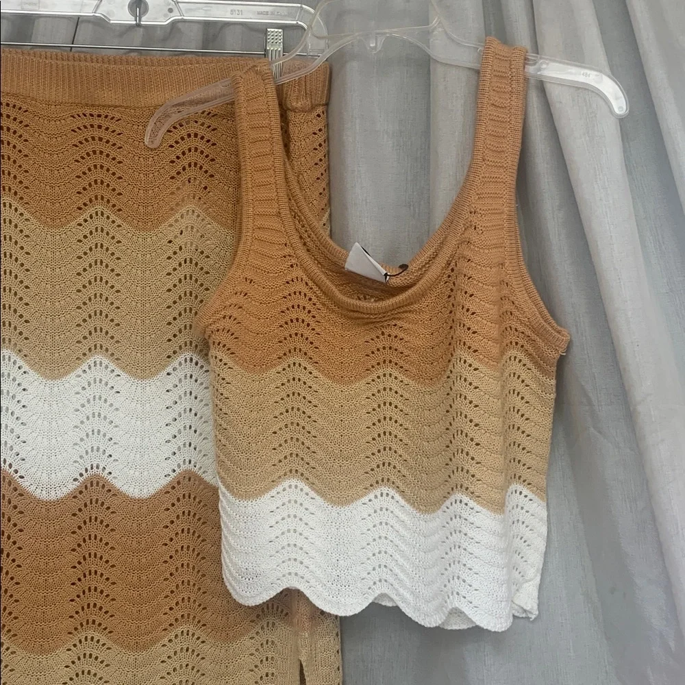 Crochet Wave Midi Skirt and Tank Set - Tan & White